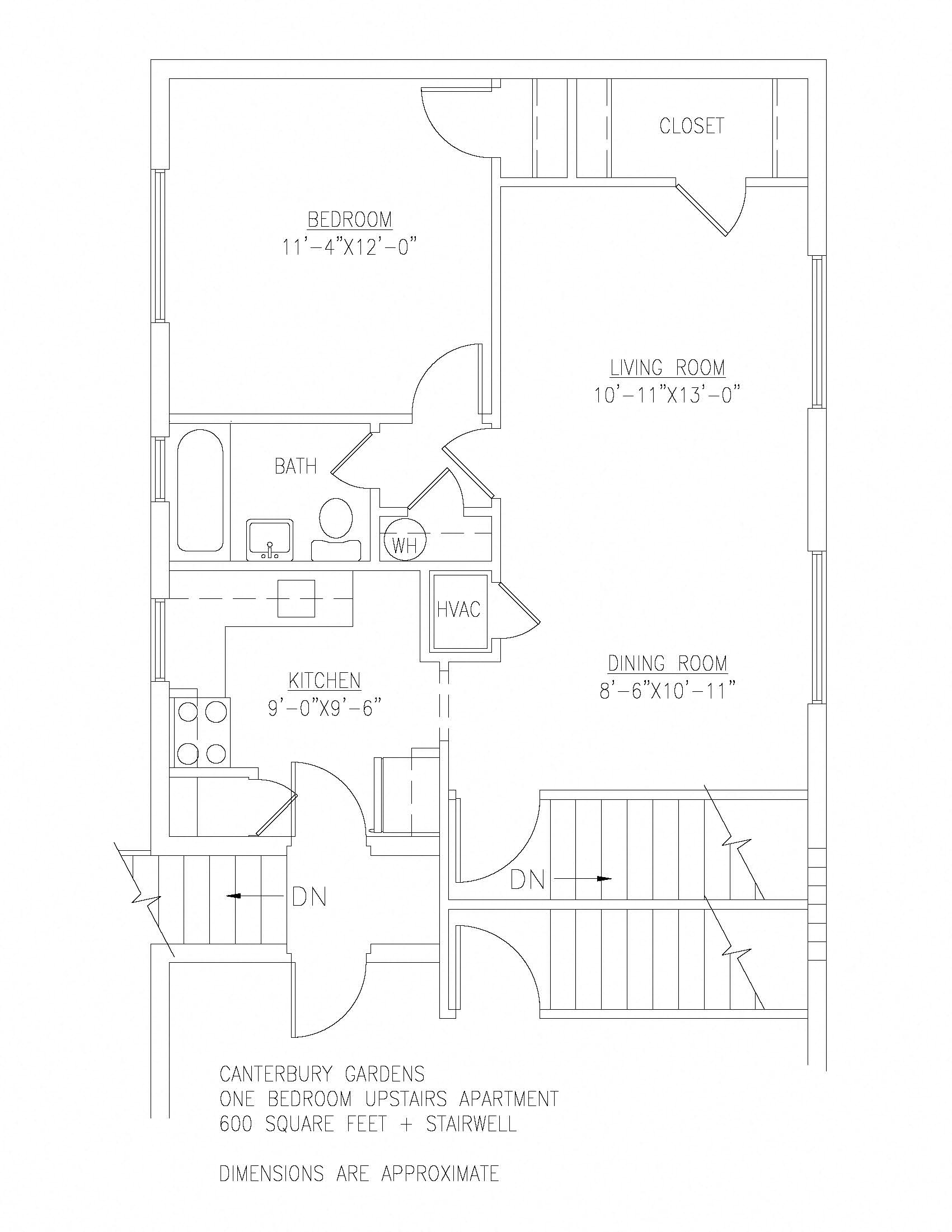 Floor plan for 1 bed, 1 bath, 600 sqft